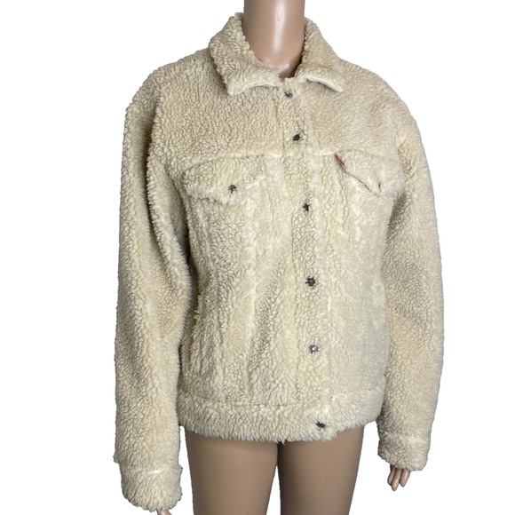 Women's Large Levi's Sherpa Button Front Faux Fur Trucker Jacket - Picture 2 of 5